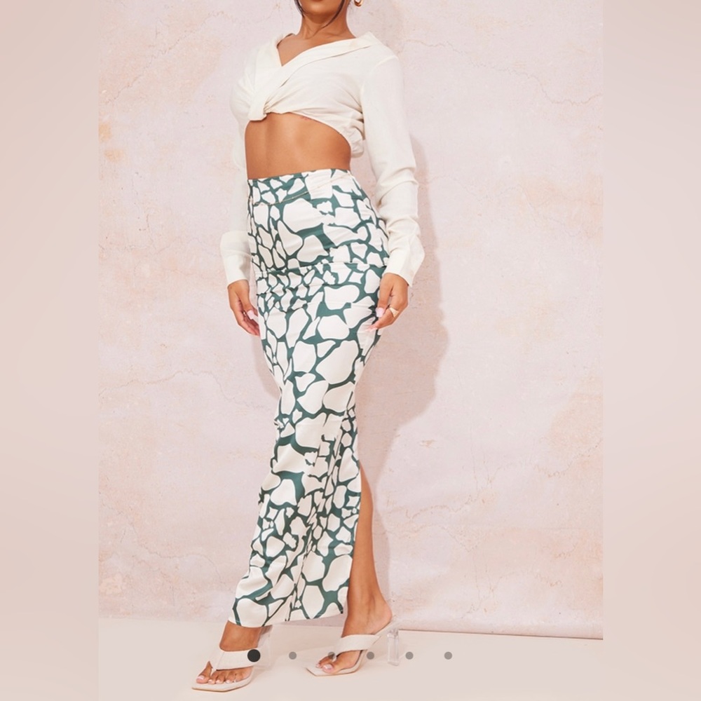Green printed satin maxi skirt